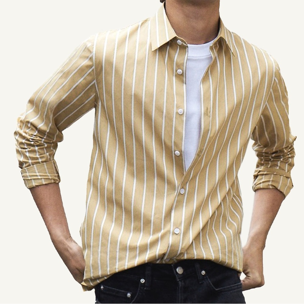 Sandro Paris Mustard Striped Casual Button‑Down Shirt Mens Premium Cotton